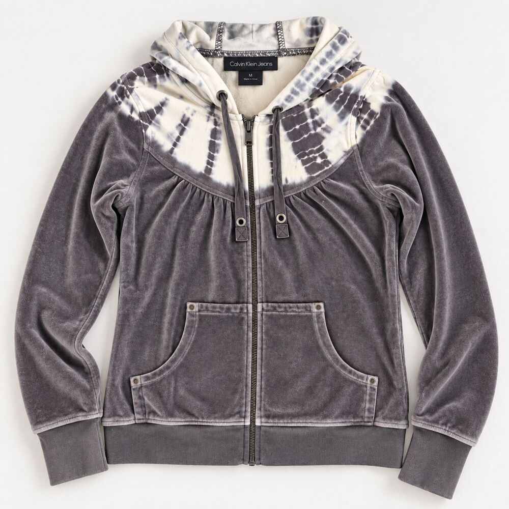 Calvin Klein Jeans Women’s Medium Gray Velour Tie Dye Zip Up Hoodie Y2K